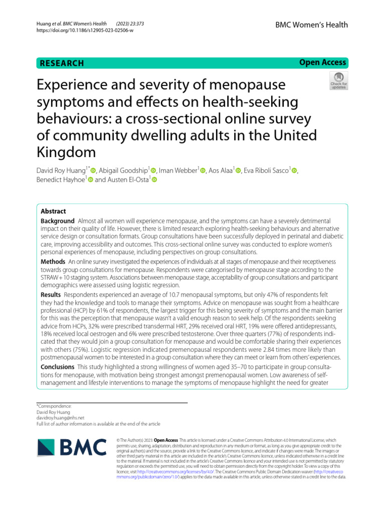 Experience and Severity of Menopause PDF Menopause Health Care