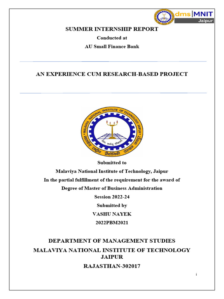 AU Small Finance Bank Internship Report | PDF | Insurance | Banks