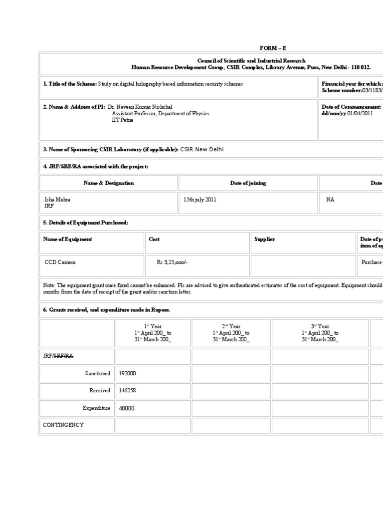 CSIR HRDG Project Form E Submission | PDF | Holography | Optics