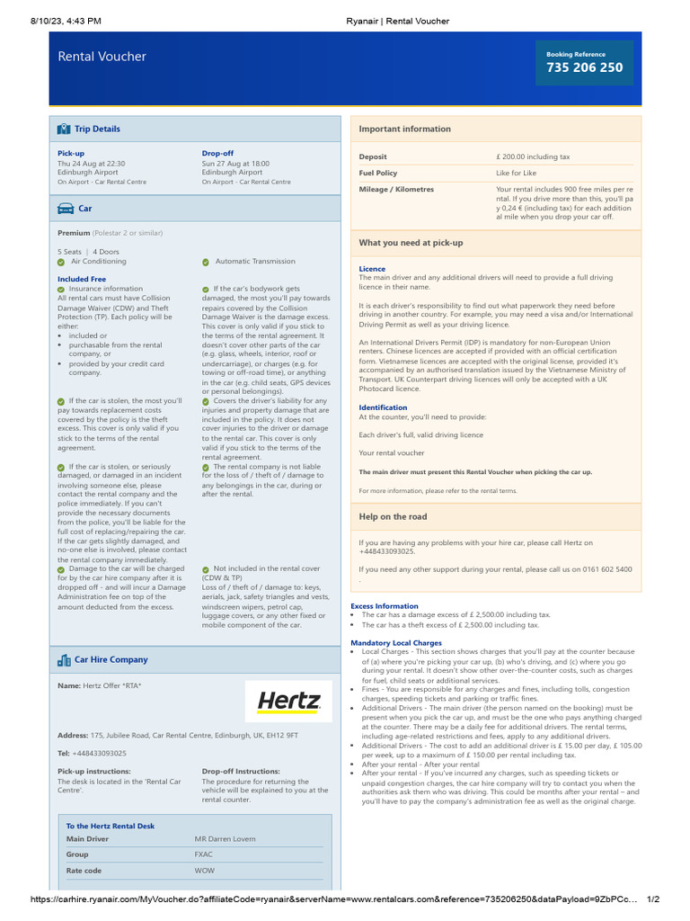 Ryanair Rental Voucher PDF Car Rental Transport