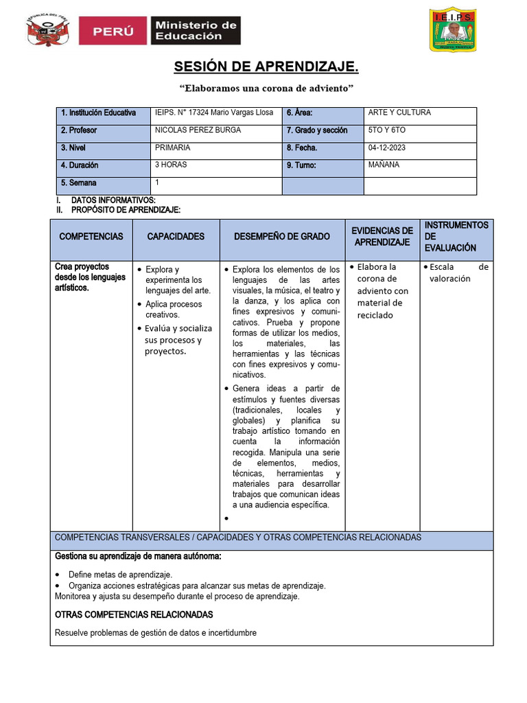 Sesión de Aprendizaje de Arte y Cultura 04-12-2023 | PDF | Evaluación ...