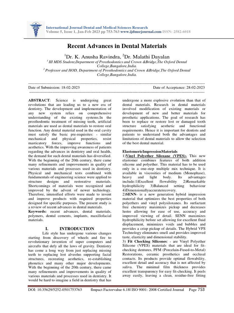 Recent Advances in Dental Materials | PDF | Dentistry | Dentures