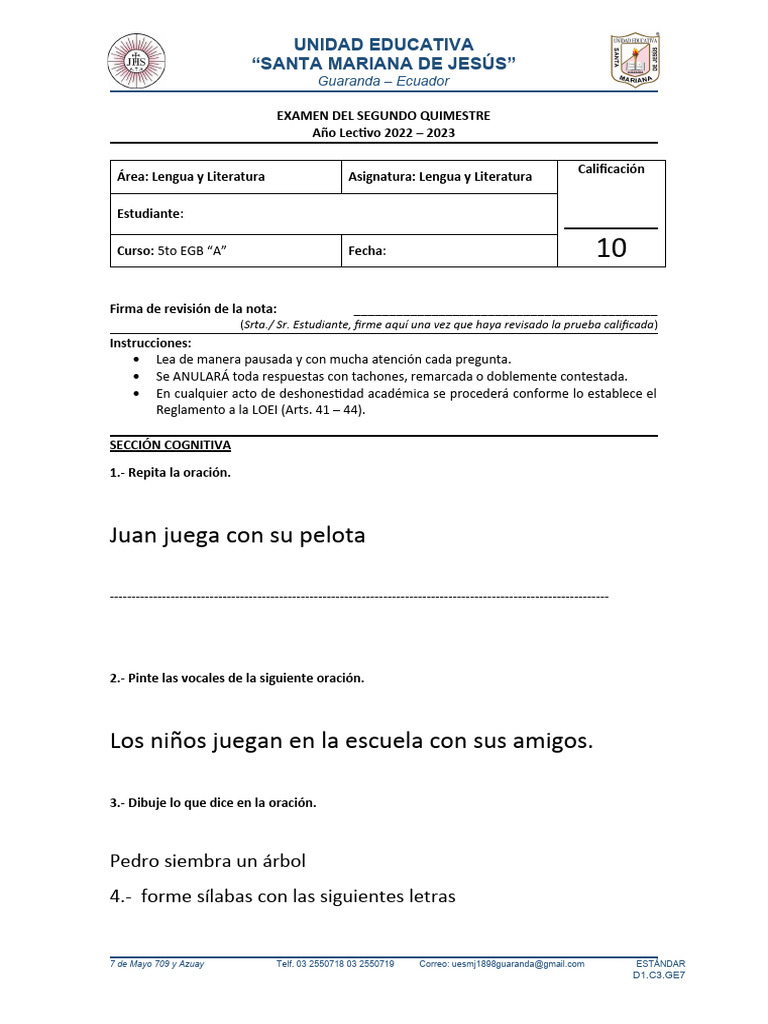 Examen Lengua y Literatura 5to EGB | PDF