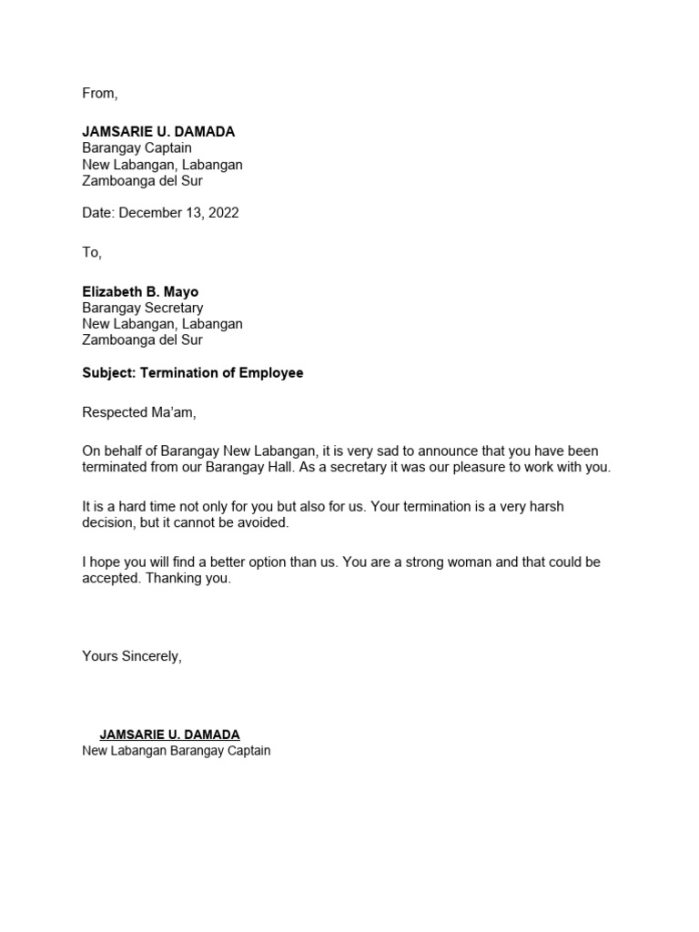 Termination Letter for Barangay Secretary | PDF