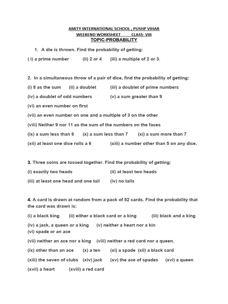 Probability Worksheet for Class 8 | PDF | Young Adult
