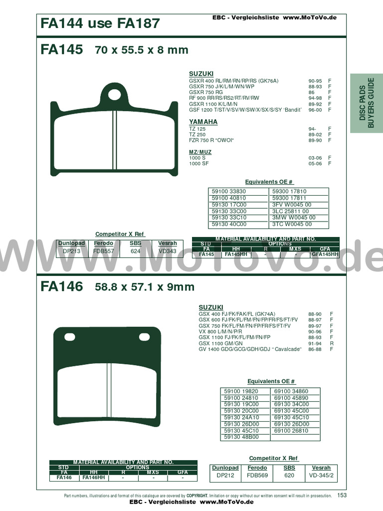 EBC - FA144 - Bis - FA185 Catalogo Pastillas Freno | PDF