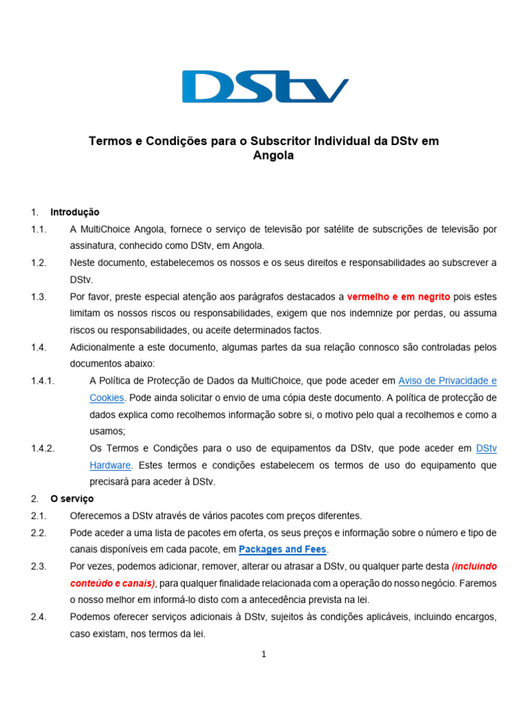 Termos e Condições da DStv Angola | PDF | Dinheiro | Propriedade ...