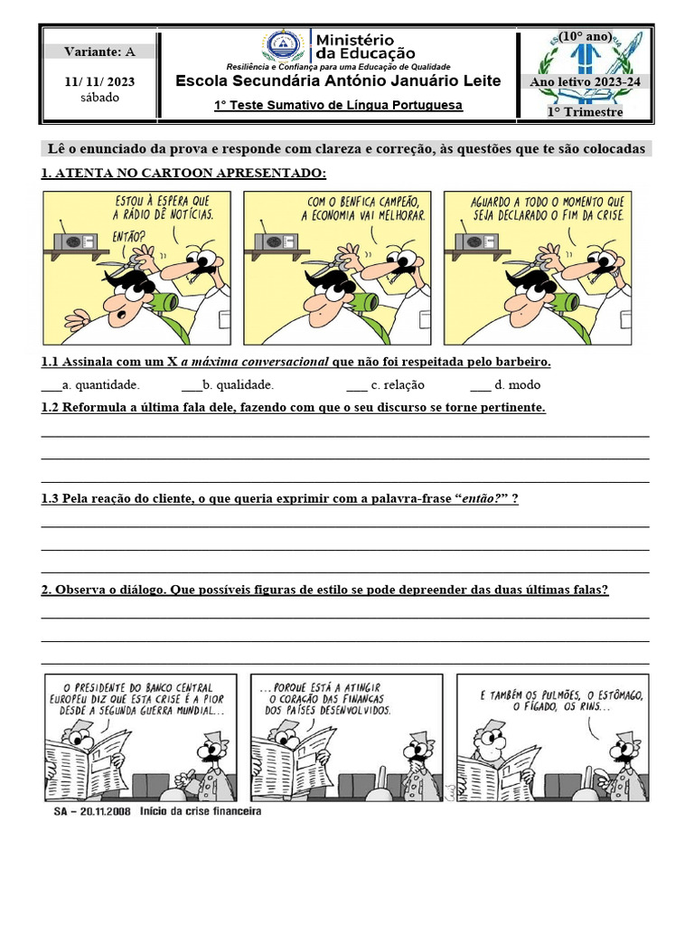 Teste de Língua Portuguesa 10º Ano | PDF | Assunto (gramática ...