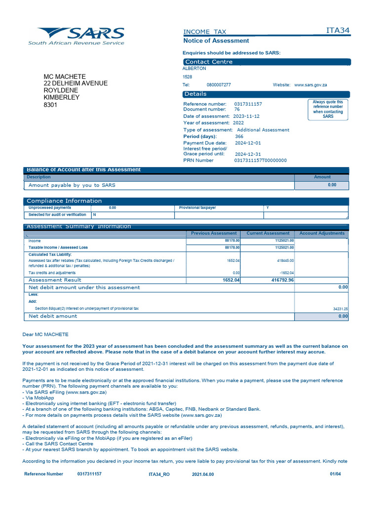 SARS Income Tax Assessment 2023 | PDF | Government | Services (Economics)