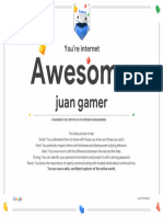 Google Interland Juan Gamer Certificate of Awesomeness