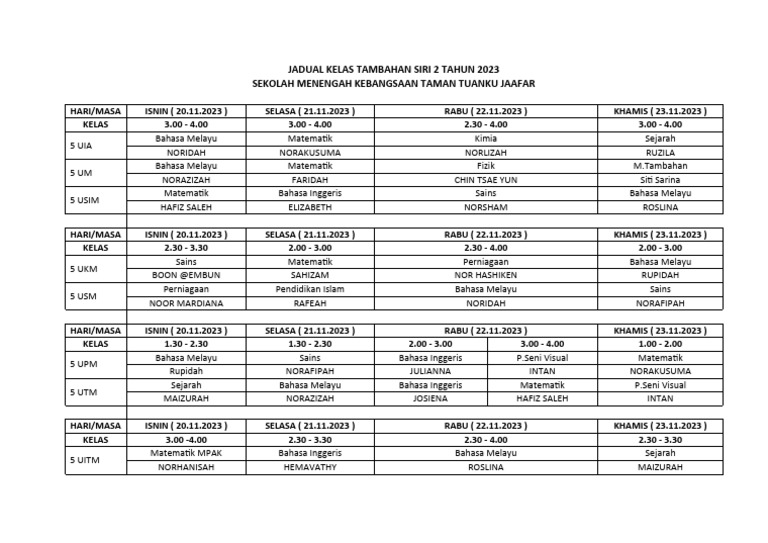 Jadual Kelas Tambahan Siri 2 Tahun 2023 Sekolah Menengah Kebangsaan