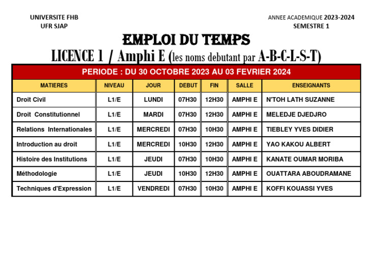 Emploi du temps L1 Droit 2023-2024 | PDF | Études des langues ...