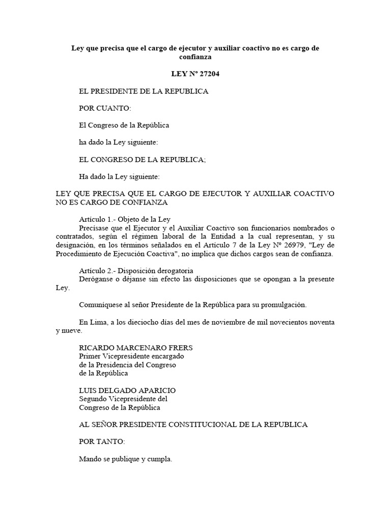 Ley 27204 - Ley Que Precisa Que El Cargo de Ejecutor y Auxiliar