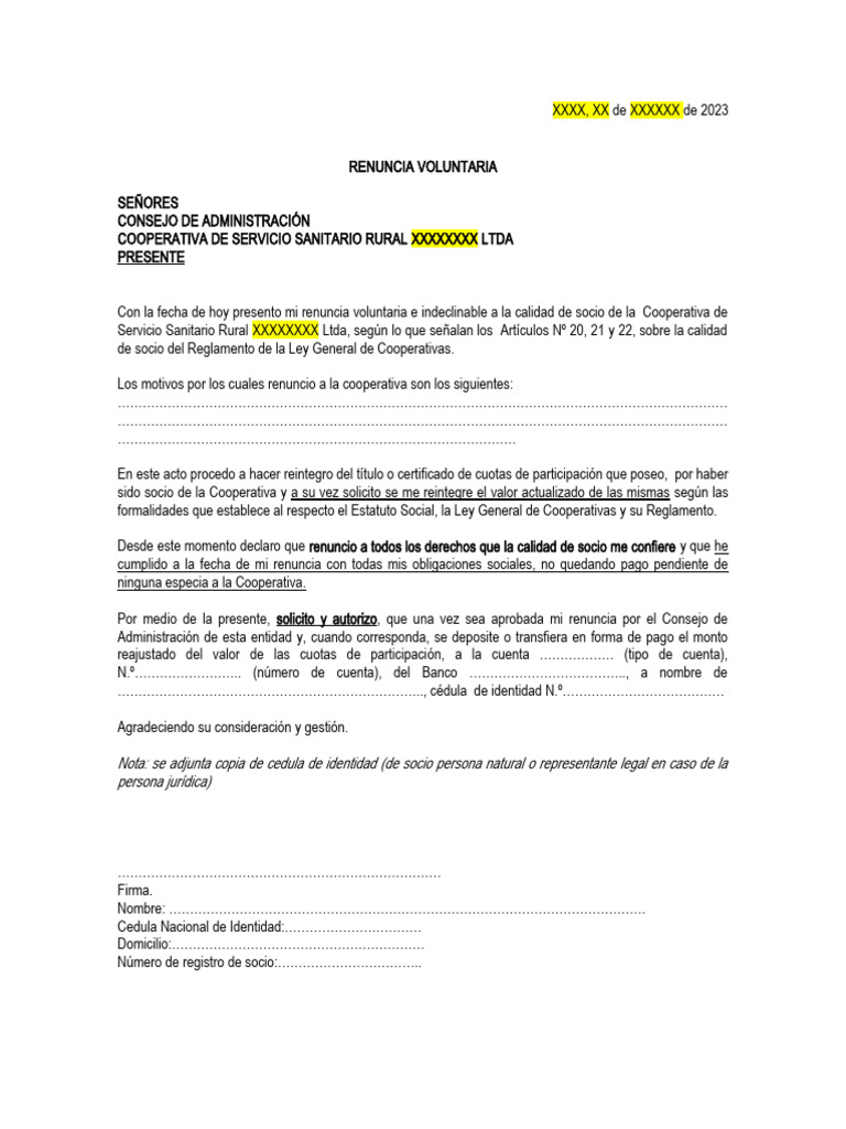 5 modelo renuncia voluntaria devoluci n forma de pago pdf