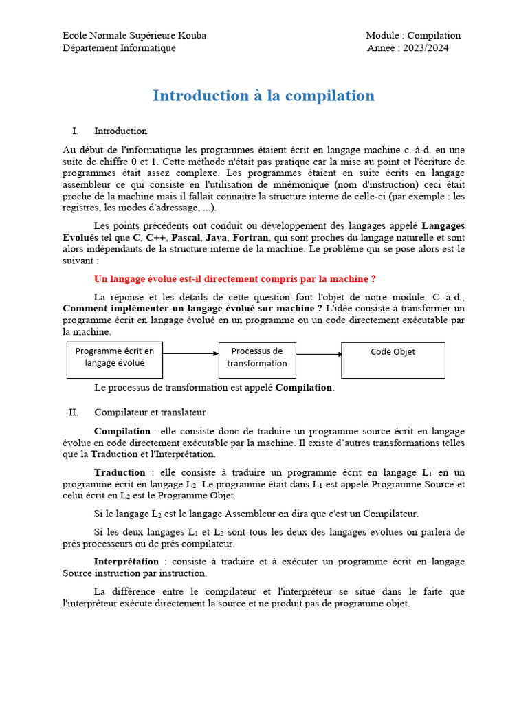 Introduction à la Compilation Informatique | PDF | Compilateur ...