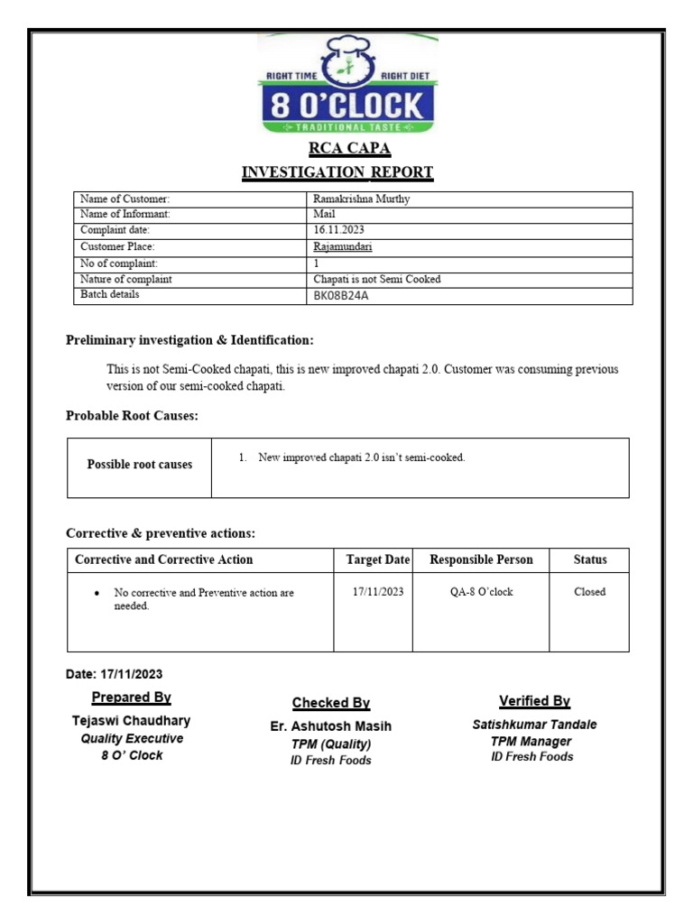 RCA Investigation Report: Chapati Complaint | PDF