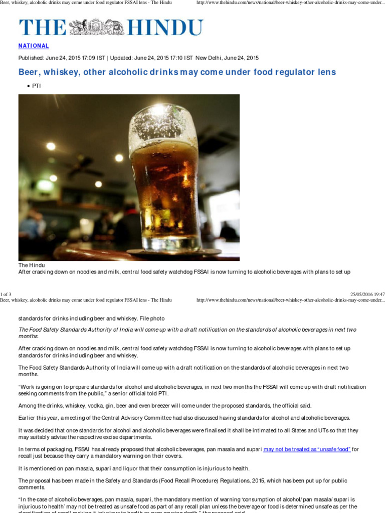 Beer, Whiskey, Alcoholic Drinks May Come Under Food Regulator FSSAI