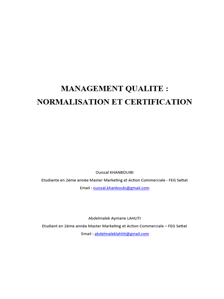 Management Qualité : Normes et Certification | PDF | Management de la ...