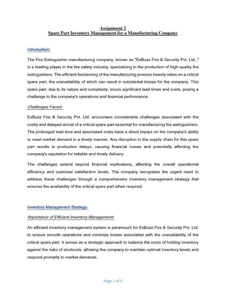Assignment2 Spare Part Inventory Management For A Manufacturing Company PDF Inventory