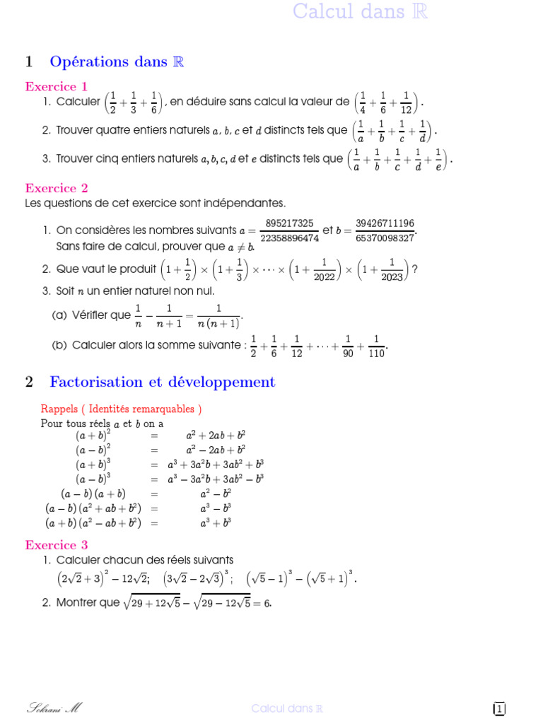 Exercices de Calcul dans R | PDF | Algèbre générale | Mathématiques ...