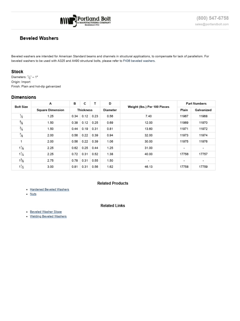Beveled Washers - Portland Bolt | PDF | Washer (Hardware) | Screw