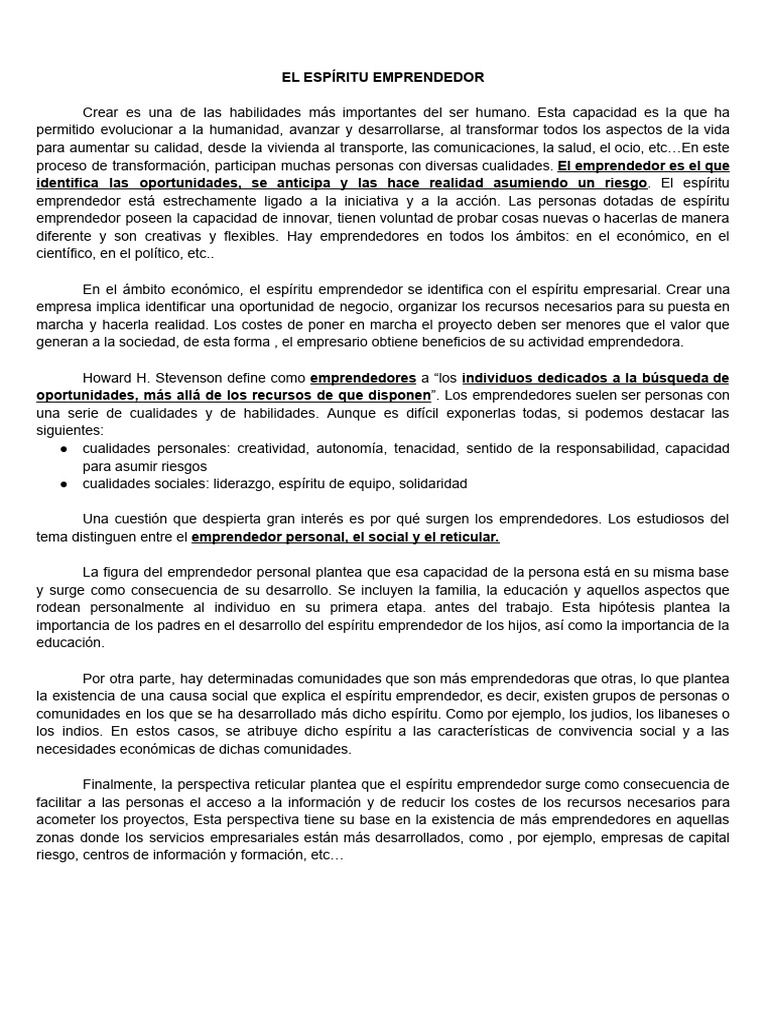 El Espíritu Emprendedor y sus Claves | PDF | Iniciativa empresarial ...