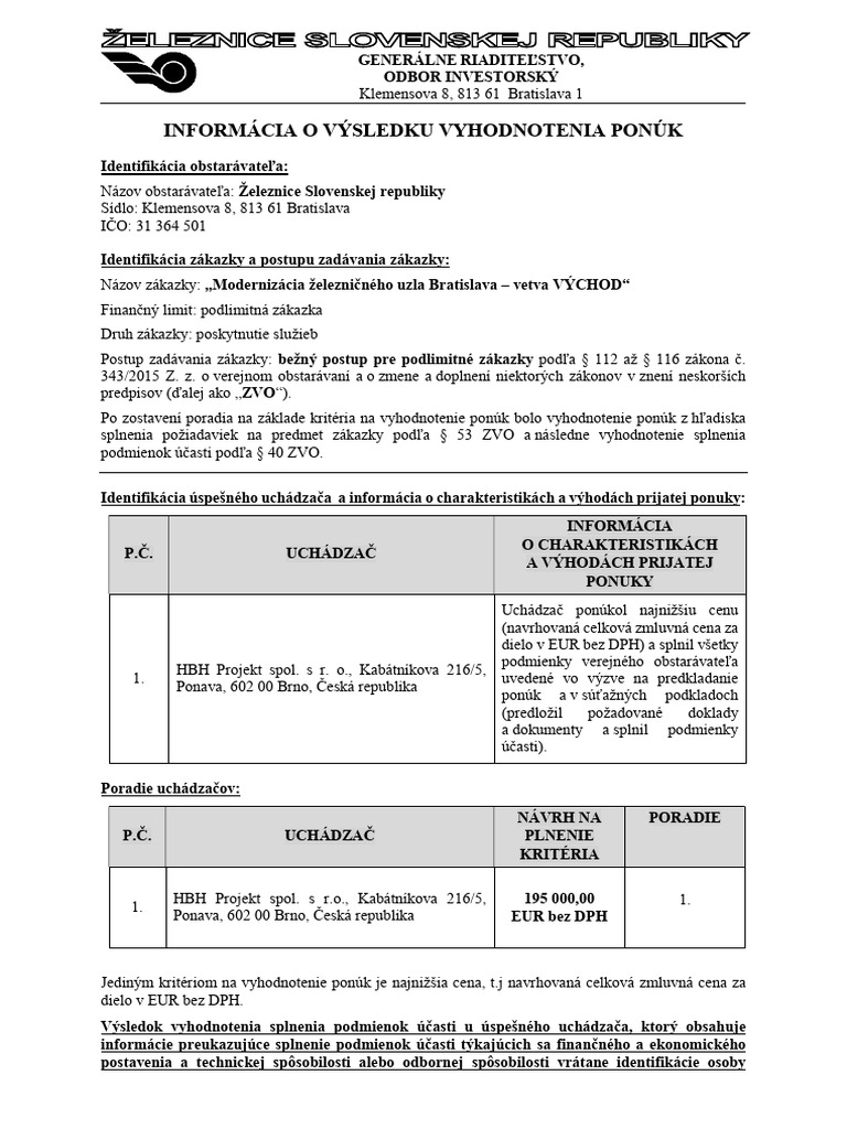 Informacia o Vysledku Vyhodnotenia Ponuk EIA BA Vychod | PDF