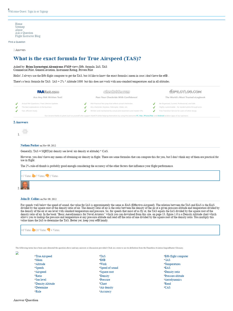 What Is The Exact Formula For True Airspeed (TAS) | PDF | Flight ...