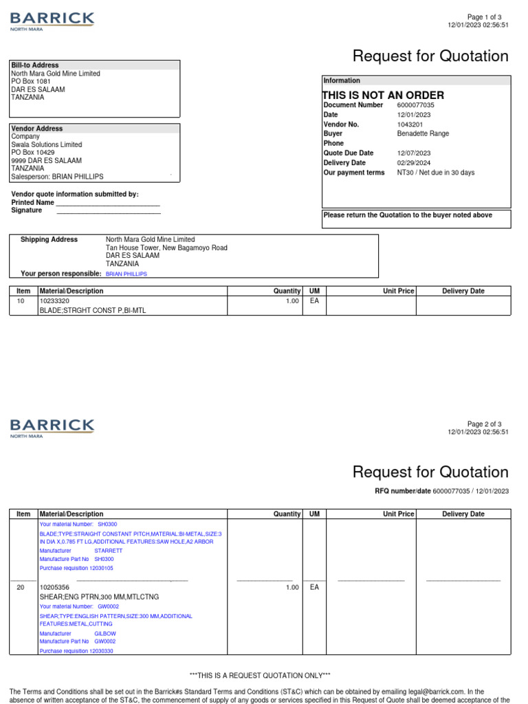 North Mara Gold Mine RFQ Document | PDF | Receipt | Invoice