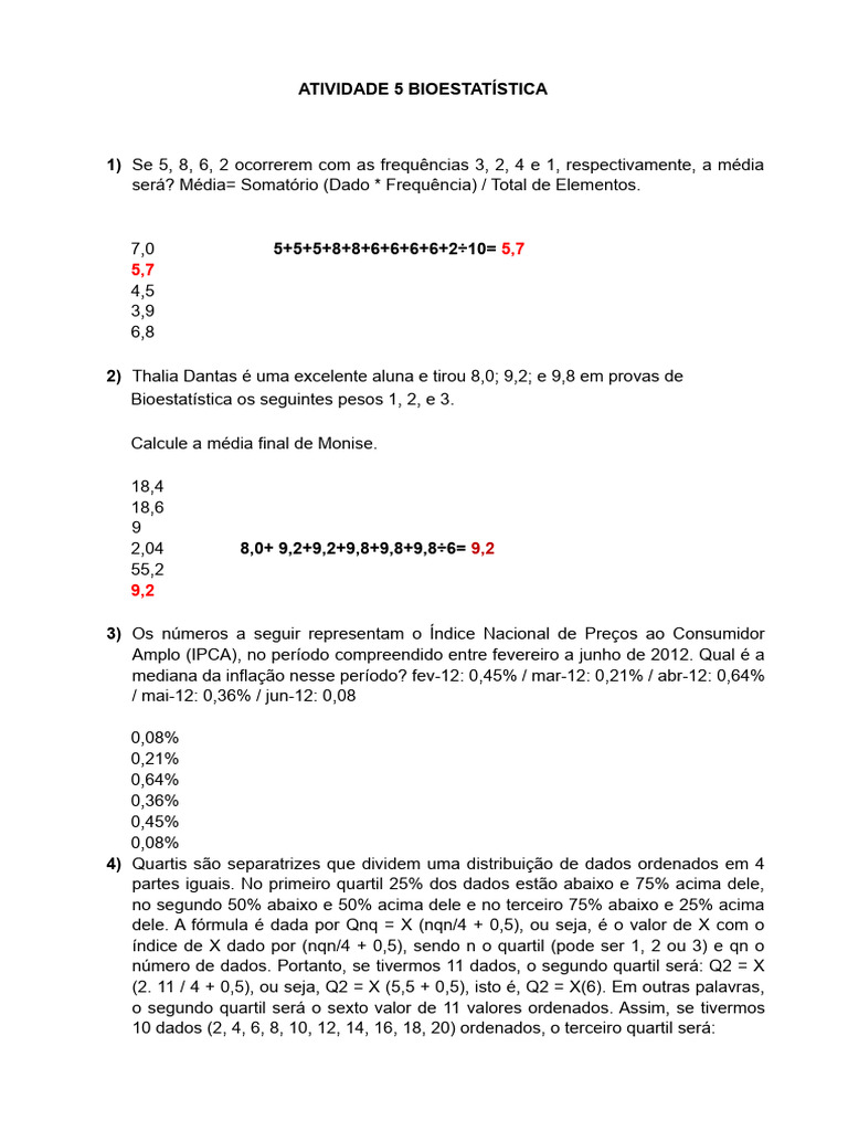 Atividade de Estatística Básica 5º Ano | PDF | Mediana (Estatística ...