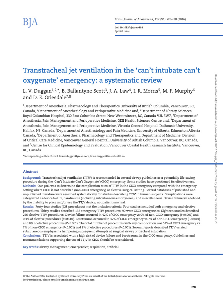 Transtracheal Jet Ventilation in The CICO Emergency BJA (2016