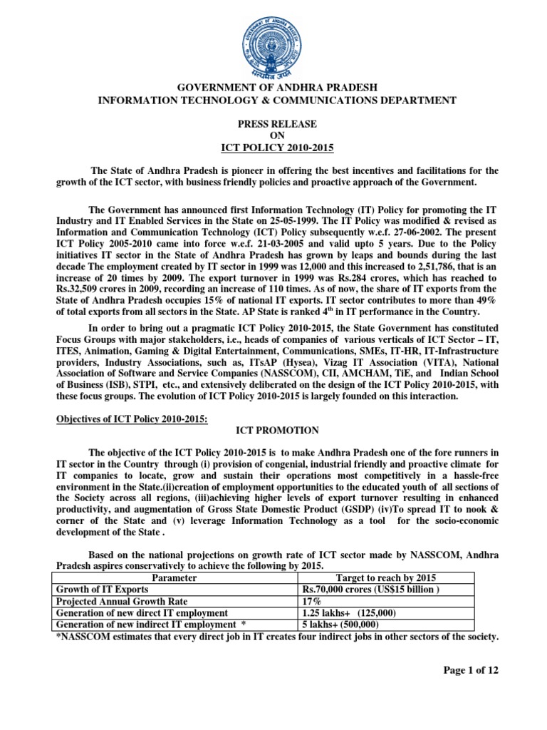 ICT Policy 2010-2015 Overview | PDF | Employment | E Government