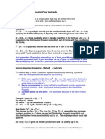 Quadratic Equations in One Variable: A Quadratic Equation in X Is Any Equation That May Be Written in The Form 0