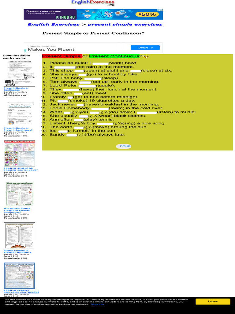 PRESENT SIMPLE AND PRESENT CONTINUOUS EXERCISES ADVANCED LEVEL visual data 8