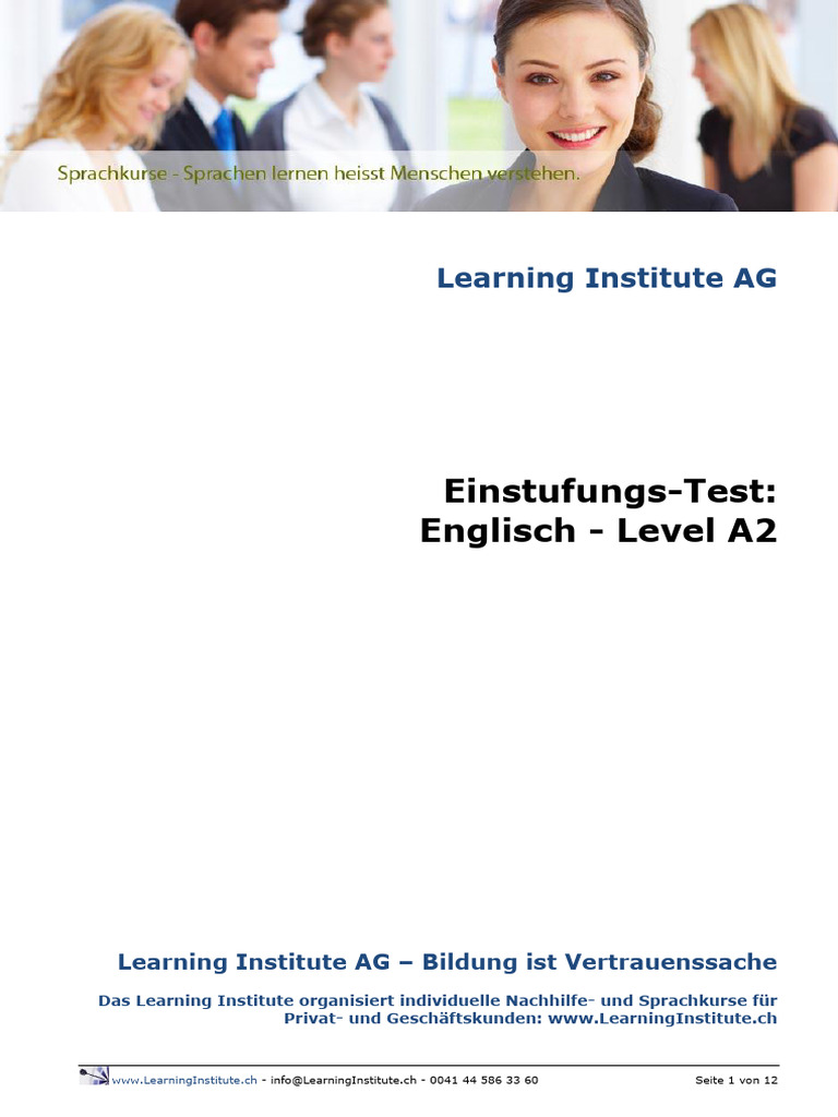 Einstufungstest Englisch A2 WWW - Learninginstitute.ch | PDF