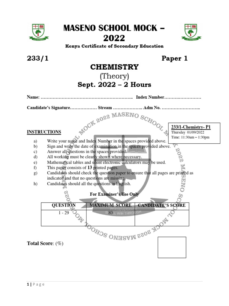 Chemistry Paper 1 Mock 2022 Pdf Ammonium Gases
