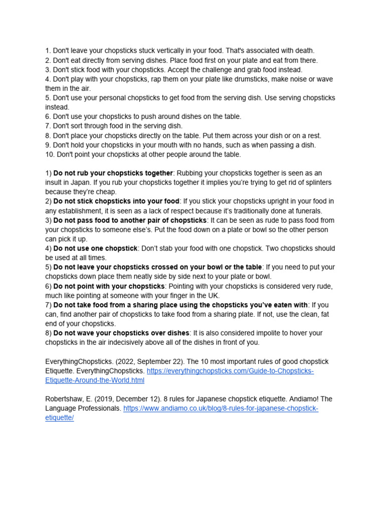 Etiquette Rules For Using Chopsticks PDF Cuisine Domestic