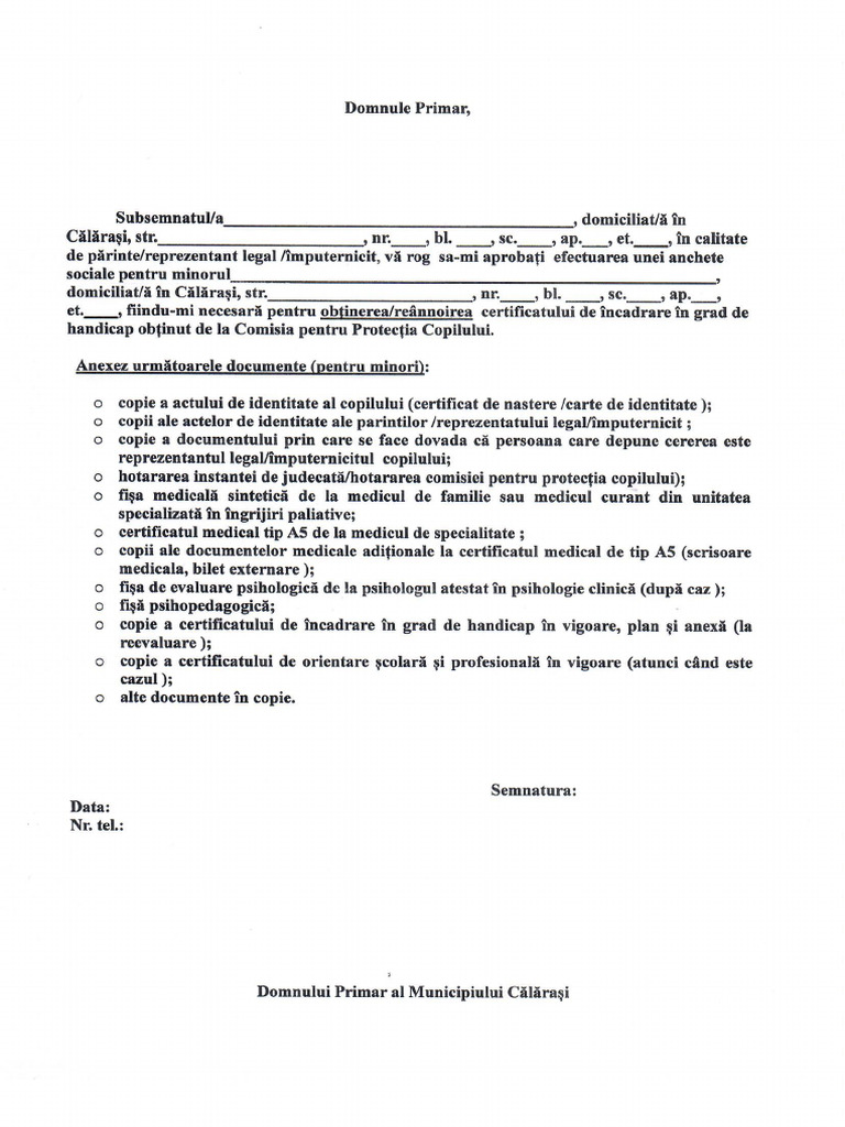 Cerere Obtinere Certificat Grad de Handicap-Minori | PDF