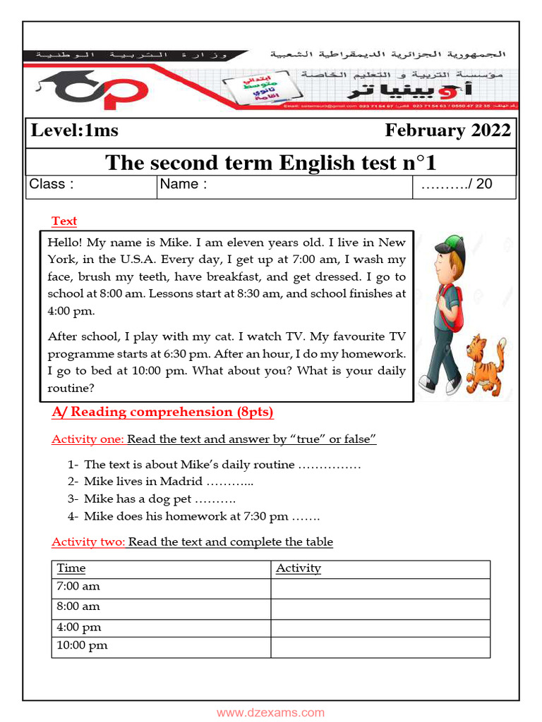 English Test: Mike's Daily Routine | PDF | Human Communication
