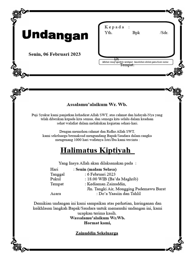 Undangan Tahlil 1000 Hari | PDF