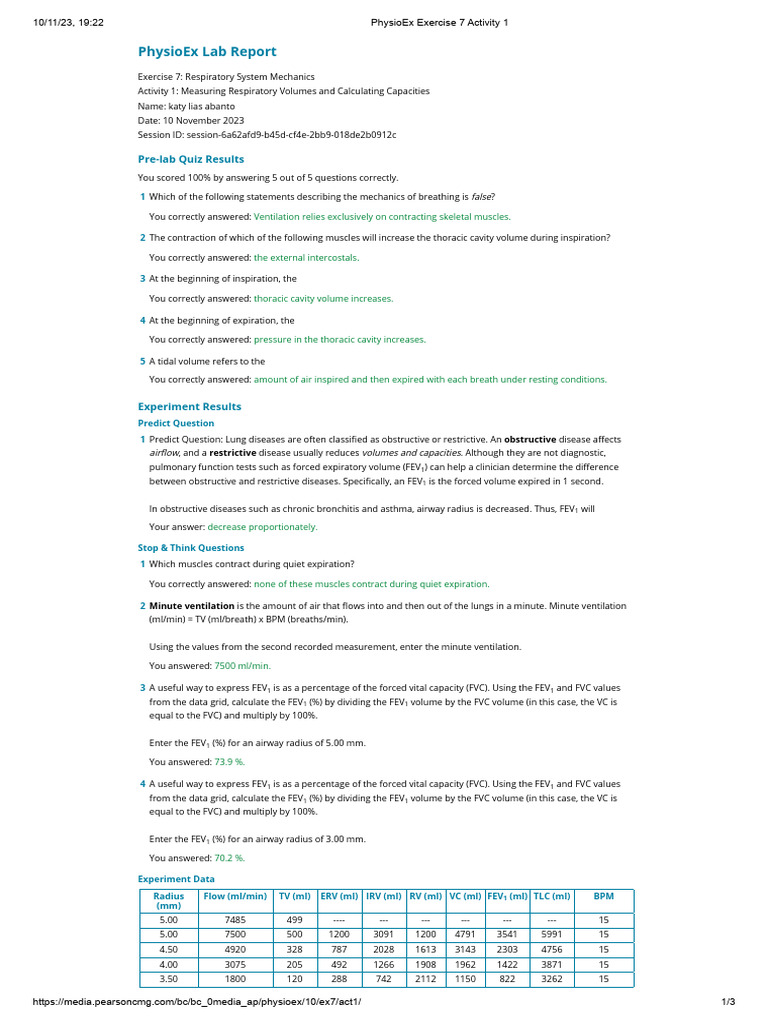 Respiratory Volume Measurement Lab Report | PDF | Exhalation | Breathing