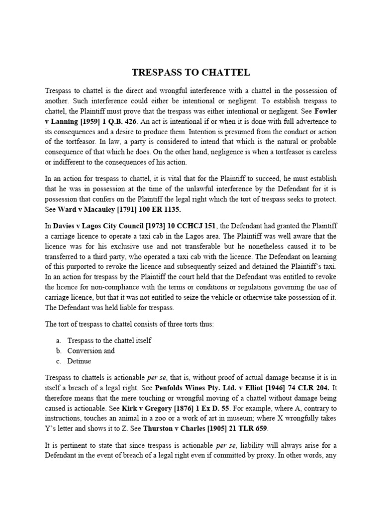 Trespass To Chattel PDF Conversion (Law) Trespass
