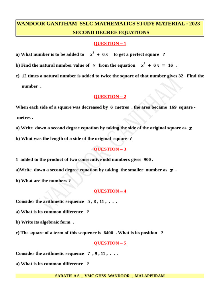 Second Degree Equations Study Guide | PDF | Length | Area