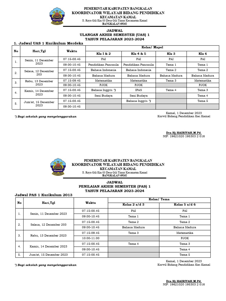 Jadwal UAS dan PAS 2023-2024 Kamal | PDF