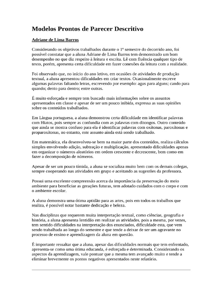 Modelos Prontos de Parecer Descritivo - PDF | PDF