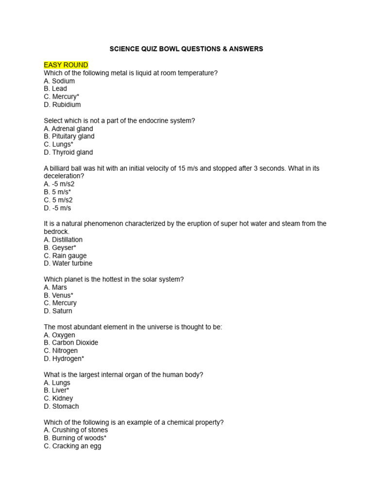 Science Quiz Bowl Questions PDF Oxygen Water