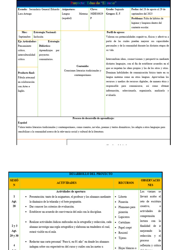 Planeación Primer grado Español PDF Evaluación Inclusión (Educación)