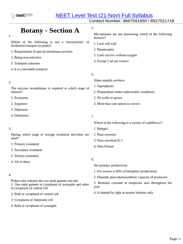NEET Botany Full Syllabus Test | PDF | Ionic Bonding | Chemistry