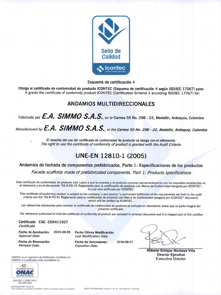 Certificado E.A. SIMMO S.A.S. | PDF