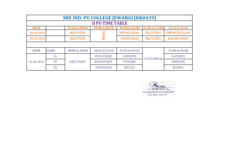 Sre college time table pdf